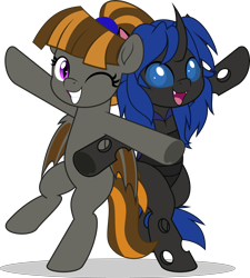 Size: 5000x5551 | Tagged: safe, artist:jhayarr23, oc, oc only, oc:mythic dawn, oc:swift dawn, bat pony, changeling, pony, absurd resolution, bat eyes, bat pony oc, bat wings, bipedal, blue changeling, blue eyes, brother and sister, changeling oc, commission, cute, cute little fangs, cuteling, duo, eyelashes, fangs, female, frog (hoof), gritted teeth, hair tie, hooves out, horn, looking at you, male, mare, ocbetes, one eye closed, open mouth, ponytail, pose, purple eyes, shadow, siblings, simple background, smiling, standing on two hooves, tail, teeth, transparent background, underhoof, wings, wink, ych result