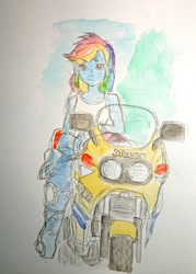 Size: 1566x2192 | Tagged: safe, artist:daisymane, rainbow dash, human, equestria girls, g4, female, looking at you, motorcycle, solo, traditional art