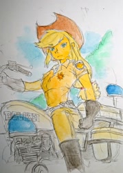 Size: 1601x2241 | Tagged: safe, artist:daisymane, applejack, human, equestria girls, g4, clothes, female, gloves, highway patrol, looking at you, low angle, motorcycle, police officer, police uniform, solo, traditional art, uniform