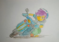 Size: 2258x1613 | Tagged: safe, artist:daisymane, scootaloo, human, equestria girls, g4, female, helmet, leaning, moped, solo, traditional art