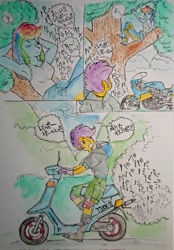 Size: 1429x2048 | Tagged: safe, artist:daisymane, rainbow dash, scootaloo, human, equestria girls, g4, comic, dialogue, duo, female, japanese, moped, motorcycle, nap, sleeping, speech bubble, traditional art, tree, tree branch