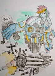 Size: 1588x2223 | Tagged: safe, artist:daisymane, rainbow dash, human, equestria girls, g4, clothes, female, gloves, handlebars, japanese, katakana, motorcycle, onomatopoeia, solo, tail pipe, traditional art