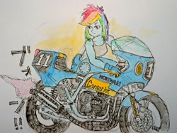 Size: 2048x1534 | Tagged: safe, artist:daisymane, rainbow dash, human, equestria girls, g4, female, japanese, katakana, motorcycle, onomatopoeia, solo, traditional art