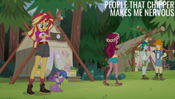 Size: 2000x1125 | Tagged: safe, edit, edited screencap, editor:quoterific, screencap, captain planet, gloriosa daisy, spike, spike the regular dog, sunset shimmer, valhallen, dog, human, equestria girls, g4, my little pony equestria girls: legend of everfree, camp everfree, floral head wreath, flower, tent