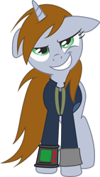 Size: 1024x1813 | Tagged: dead source, safe, artist:tvio, oc, oc only, oc:littlepip, pony, unicorn, fallout equestria, closed mouth, clothes, ears back, evil smile, female, floppy ears, grin, horn, jumpsuit, looking at you, mare, pipbuck, short mane, show accurate, simple background, smiling, smirk, solo, teeth, transparent background, unicorn oc, vault suit