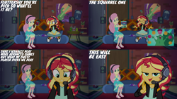 Size: 2000x1125 | Tagged: safe, edit, edited screencap, editor:quoterific, screencap, fluttershy, sunset shimmer, human, equestria girls, g4, game stream, my little pony equestria girls: better together, bed, duo, duo female, female, fluttershy boho dress, gamer sunset, headset, sunset's apartment, tempting fate, this will end in rage, this will not end well
