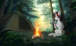Size: 2480x1499 | Tagged: safe, artist:glumarkoj, oc, oc only, oc:starforce fireline, pony, unicorn, calm, campfire, camping, cup, day, drink, forest, looking down, nature, sitting, smiling, tent, two toned mane, white coat
