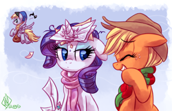 Size: 1400x900 | Tagged: safe, artist:whitediamonds, applejack, derpy hooves, rarity, earth pony, pegasus, pony, unicorn, rarijack daily, g4, applejack's hat, bag, clothes, cowboy hat, eyebrows, eyebrows visible through hair, eyes closed, female, flying, freckles, hat, horn, horn impalement, laughing, lesbian, letter, looking at someone, mailbag, mailmare, mare, rarity is not amused, scarf, ship:rarijack, shipping, signature, smiling, spread wings, trio, unamused, underhoof, wings