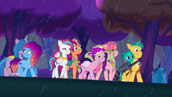 Size: 1920x1080 | Tagged: safe, screencap, hitch trailblazer, izzy moonbow, misty brightdawn, pipp petals, sparky sparkeroni, sunny starscout, windy, zipp storm, dragon, earth pony, pegasus, pony, unicorn, attack of the bunnisus, g5, my little pony: tell your tale, spoiler:g5, spoiler:my little pony: tell your tale, spoiler:tyts01e61, baby, baby dragon, book, female, hair over eyes, male, mane five, mane seven (g5), mane six (g5), mare, pipp petals is not amused, rain, rebirth misty, stallion, unamused, zipp storm is not amused
