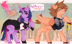 Size: 4850x3000 | Tagged: safe, artist:bananasplitedy, twilight sparkle, pegasus, pony, unicorn, g4, book, cape, clothes, commission, ear fluff, female, forest, hand, horn, jewelry, keyblade, kingdom hearts, magic, magic hands, male, mare, necklace, sora, speech bubble, stallion, telekinesis, text, tongue out, weapon