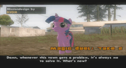 Size: 1360x740 | Tagged: safe, trixie, twilight sparkle, alicorn, pony, unicorn, g4, animated, cape, clothes, dialogue, duel, explosion, female, game mod, grand theft auto, gta san andreas, hat, levitation, magic, mare, no sound, rocket launcher, telekinesis, trixie's cape, trixie's hat, video, wasted, weapon, webm