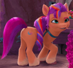 Size: 880x824 | Tagged: safe, screencap, misty brightdawn, sunny starscout, earth pony, pony, unicorn, family trees, g5, my little pony: make your mark, my little pony: make your mark chapter 5, spoiler:g5, spoiler:my little pony: make your mark, spoiler:my little pony: make your mark chapter 5, spoiler:mymc05e02, animated, butt shake, coat markings, cropped, cute, duo, female, mane stripe sunny, mare, night market, no sound, offscreen character, rebirth misty, socks (coat markings), solo focus, sunnybetes, talking, unshorn fetlocks, webm
