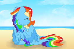 Size: 3000x2000 | Tagged: safe, artist:fakkajohan, rainbow dash, pegasus, pony, g4, beach, clothes, eyes closed, female, high res, one-piece swimsuit, sitting, smiling, solo, swimsuit