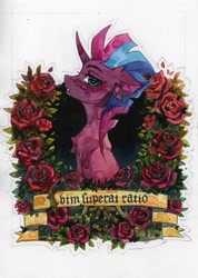 Size: 4635x6528 | Tagged: safe, artist:zlatavector, oc, oc only, oc:tempest revenant, pony, unicorn, absurd resolution, curved horn, female, horn, latin, mare, not tempest shadow, present, solo, traditional art, translated in the comments, watercolor painting