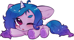 Size: 1893x1020 | Tagged: safe, artist:anku, izzy moonbow, pony, unicorn, g5, beanbrows, blushing, chibi, eyebrows, female, floppy ears, looking at you, lying down, one eye closed, open mouth, prone, simple background, solo, three quarter view, underhoof, white background