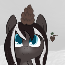 Size: 1020x1020 | Tagged: safe, artist:castafae, oc, oc only, oc:pine ponder, pony, yakutian horse, chest fluff, female, floating heart, heart, mare, on head, pinecone, smiling, snow, snowpony, solo