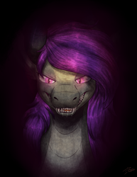 Size: 2550x3300 | Tagged: safe, artist:eisky, oc, oc:fritzy, dragon, dark background, drool, glowing, glowing eyes, grin, high res, looking at you, scary face, smiling, spooky
