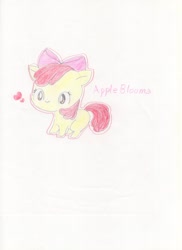 Size: 1700x2339 | Tagged: safe, artist:かおすちぇるしー, apple bloom, earth pony, pony, g4, chibi, female, filly, foal, heart, smiling, solo, text, traditional art