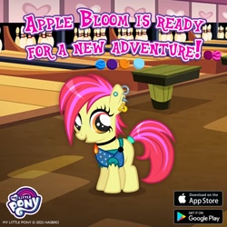 Size: 1080x1080 | Tagged: safe, gameloft, apple bloom, earth pony, pony, g4, alternate hairstyle, bowling alley, bowling ball, bowling pin, clothes, collar, dyed hair, dyed mane, dyed tail, ear piercing, eyelashes, female, filly, foal, looking at you, makeup, piercing, punk, solo, table, tail, text, tomboy, torn clothes, totally radical