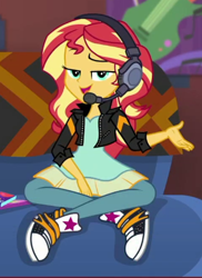Size: 318x437 | Tagged: safe, screencap, sunset shimmer, human, equestria girls, g4, game stream, spoiler:eqg series (season 2), clothes, couch, cropped, dress, gamer sunset, headphones, jacket, leather, leather jacket, pants, solo, sunset's apartment, trainers