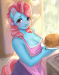Size: 2304x2927 | Tagged: safe, artist:hirichie, cup cake, earth pony, anthro, g4, big breasts, blushing, breasts, busty cup cake, cake, cleavage, cooking, cute, female, food, high res, kitchen, looking at you, plump, smiling, solo, younger