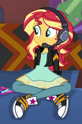 Size: 286x431 | Tagged: safe, screencap, sunset shimmer, human, equestria girls, g4, game stream, spoiler:eqg series (season 2), clothes, couch, cropped, cute, dress, gamer sunset, headphones, jacket, leather, leather jacket, pants, shimmerbetes, solo, sunset's apartment, trainers