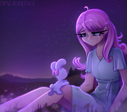 Size: 2935x2592 | Tagged: safe, artist:opal_radiance, fluttershy, human, rabbit, g4, animal, clothes, crying, cute, dress, eyebrows, female, frown, high res, humanized, night, sad, sadorable, shyabetes, signature, sitting, solo