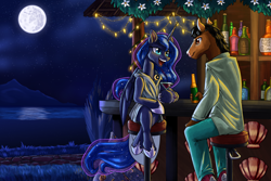 Size: 3300x2200 | Tagged: safe, artist:thescornfulreptilian, princess luna, pony, anthro, g4, bar, bar stool, bojack horseman, bottle, clothes, crossover, dress, female, glass, high res, male, mare, mare in the moon, moon, mountain, night, stallion, string lights, water, wine glass