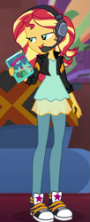 Size: 261x638 | Tagged: safe, screencap, sunset shimmer, human, equestria girls, g4, game stream, spoiler:eqg series (season 2), clothes, couch, cropped, dress, gamer sunset, headphones, jacket, leather, leather jacket, pants, solo, sunset's apartment, trainers