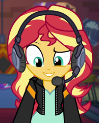 Size: 552x682 | Tagged: safe, screencap, sunset shimmer, human, equestria girls, g4, game stream, my little pony equestria girls: better together, clothes, couch, cropped, dress, gamer sunset, headphones, jacket, leather, leather jacket, solo, sunset's apartment