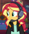 Size: 563x669 | Tagged: safe, screencap, sunset shimmer, human, equestria girls, g4, game stream, my little pony equestria girls: better together, clothes, couch, cropped, dress, headphones, jacket, leather, leather jacket, smiling, solo, sunset's apartment