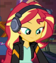 Size: 592x664 | Tagged: safe, screencap, sunset shimmer, human, equestria girls, g4, game stream, my little pony equestria girls: better together, clothes, couch, cropped, dress, headphones, jacket, leather, leather jacket, solo, sunset's apartment