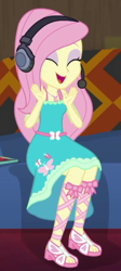 Size: 238x531 | Tagged: safe, screencap, fluttershy, human, equestria girls, g4, game stream, my little pony equestria girls: better together, ^^, belt, clapping, clothes, couch, cropped, cute, cutie mark on clothes, dress, eyes closed, eyeshadow, fluttershy boho dress, gamer fluttershy, geode of fauna, headphones, jewelry, magical geodes, makeup, necklace, open mouth, open smile, open-toed shoes, pink eyeshadow, ribbon, shyabetes, sleeveless, smiling, solo, sunset's apartment, yay