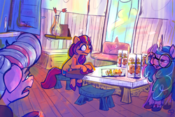 Size: 1964x1316 | Tagged: safe, artist:overlord pony, izzy moonbow, queen haven, sunny starscout, earth pony, pegasus, pony, unicorn, g5, bong, chips, female, food, frown, glasses, implied drug use, kitchen, lidded eyes, mane stripe sunny, mare, potato chips, pringles, refrigerator, round glasses, sitting, table, trio