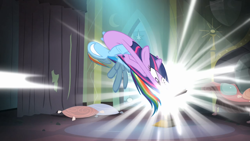 Size: 1280x720 | Tagged: safe, screencap, rainbow dash, twilight sparkle, alicorn, pegasus, pony, g4, power ponies (episode), cartoon physics, castle of the royal pony sisters, twilight sparkle (alicorn)