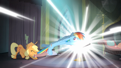 Size: 1280x720 | Tagged: safe, screencap, applejack, rainbow dash, earth pony, pegasus, pony, g4, power ponies (episode), biting, book, castle of the royal pony sisters, tail, tail bite