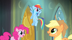 Size: 1280x720 | Tagged: safe, screencap, applejack, pinkie pie, rainbow dash, earth pony, pegasus, pony, g4, power ponies (episode), castle of the royal pony sisters