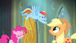 Size: 1280x720 | Tagged: safe, screencap, applejack, pinkie pie, rainbow dash, earth pony, pegasus, pony, g4, power ponies (episode), castle of the royal pony sisters