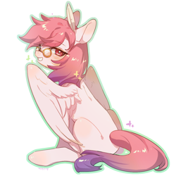 Size: 1000x1000 | Tagged: safe, artist:iya, oc, oc only, oc:芳棠, pegasus, pony, bookmark, cute, feather, female, glasses, looking at you, looking back, looking back at you, mascot, partially open wings, pegasus oc, simple background, sitting, smiling, smiling at you, solo, white background, wings