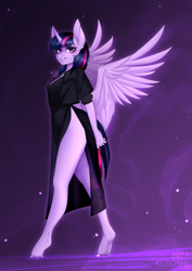 Size: 3426x4836 | Tagged: safe, artist:kutoshi, twilight sparkle, alicorn, anthro, unguligrade anthro, g4, beautiful, clothes, cute, dress, female, horn, looking at you, partially open wings, purple background, side slit, simple background, smiling, smiling at you, solo, standing, total sideslit, twiabetes, twilight sparkle (alicorn), wings