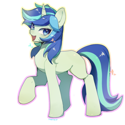 Size: 1000x1000 | Tagged: safe, artist:iya, oc, oc only, oc:jade luster, pony, unicorn, cute, looking at you, male, not gleaming shield, open mouth, open smile, raised hoof, simple background, smiling, smiling at you, solo, standing, white background