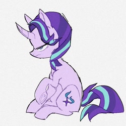 Size: 769x766 | Tagged: safe, artist:disaterror, starlight glimmer, pony, unicorn, g4, curved horn, frown, grumpy, horn, sitting, solo, unamused, underhoof