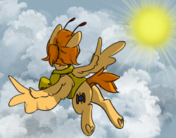 Size: 1897x1486 | Tagged: safe, artist:ju4111a, oc, oc only, oc:svatya, pegasus, pony, butt, clothes, flying, pegasus oc, plot, raised hoof, raised leg, sky, spread wings, sun, turned head, wings