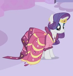 Size: 800x833 | Tagged: safe, screencap, rarity, pony, unicorn, g4, season 1, suited for success, alternate hairstyle, beautiful, carousel boutique, clothes, cropped, dress, elegant, female, gala dress, gown, happy, jewelry, mare, rarity's first gala dress, smiling, solo, tiara