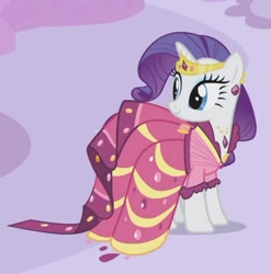 Size: 708x717 | Tagged: safe, screencap, rarity, pony, unicorn, g4, season 1, suited for success, alternate hairstyle, beautiful, carousel boutique, clothes, cropped, dress, elegant, female, gala dress, gown, happy, jewelry, mare, rarity's first gala dress, smiling, solo, tiara, turned head
