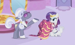 Size: 1569x938 | Tagged: safe, screencap, hoity toity, opalescence, rarity, cat, earth pony, pony, unicorn, g4, season 1, suited for success, alternate hairstyle, beautiful, bedroom eyes, carousel boutique, clothes, cropped, door, dress, elegant, eyes closed, female, gala dress, gown, happy, jewelry, male, mare, mirror, nuzzling, rarity's first gala dress, smiling, stage, stallion, tiara, turned head