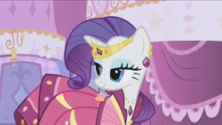 Size: 2160x1214 | Tagged: safe, screencap, rarity, pony, unicorn, g4, season 1, suited for success, alternate hairstyle, beautiful, bedroom eyes, carousel boutique, clothes, door, dress, elegant, female, gala dress, gown, happy, jewelry, mare, rarity's first gala dress, smiling, solo, tiara, turned head