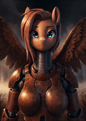 Size: 1472x2060 | Tagged: safe, ai assisted, ai content, artist:darbarri, derpibooru exclusive, oc, cyborg, pegasus, anthro, armor, bust, detailed, female, portrait, solo