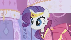 Size: 2160x1214 | Tagged: safe, screencap, rarity, pony, unicorn, g4, season 1, suited for success, alternate hairstyle, beautiful, carousel boutique, clothes, cute, door, dress, elegant, female, gala dress, gown, happy, jewelry, mare, raribetes, rarity's first gala dress, smiling, solo, tiara