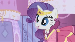 Size: 2157x1214 | Tagged: safe, screencap, rarity, pony, unicorn, g4, season 1, suited for success, alternate hairstyle, clothes, door, dress, female, gala dress, gown, happy, jewelry, mare, open mouth, rarity's first gala dress, smiling, solo, tiara
